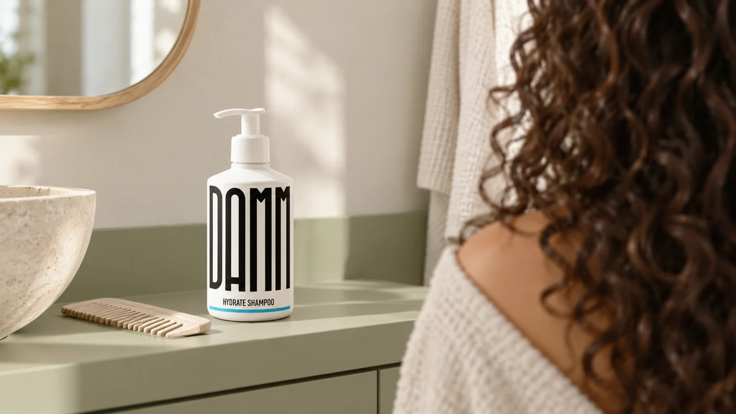curls-hero Hydrate Shampoo ved badeværelsesspejlet med krøllet hår i forgrunden.