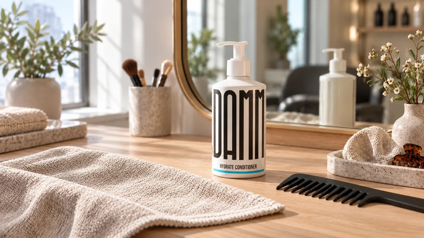 Hydrate Conditioner ved et salonspejl med kam og håndklæde.