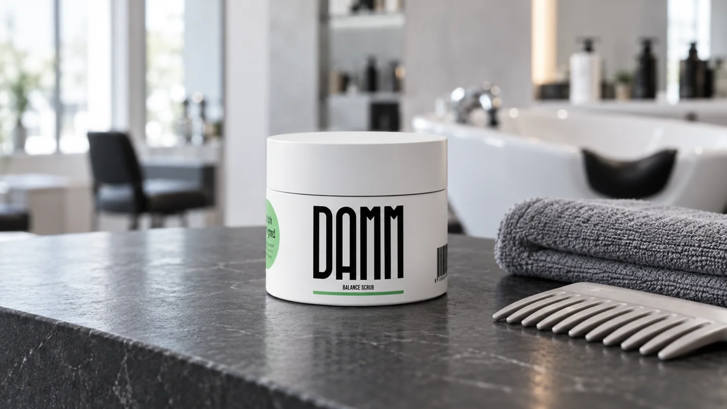 Balance Scrub ved en kam og et håndklæde i et salonmiljø.