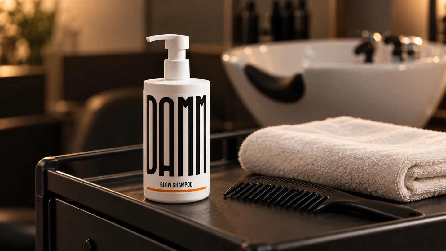 Glow Shampoo på en salonvogn ved håndklæde og kam.