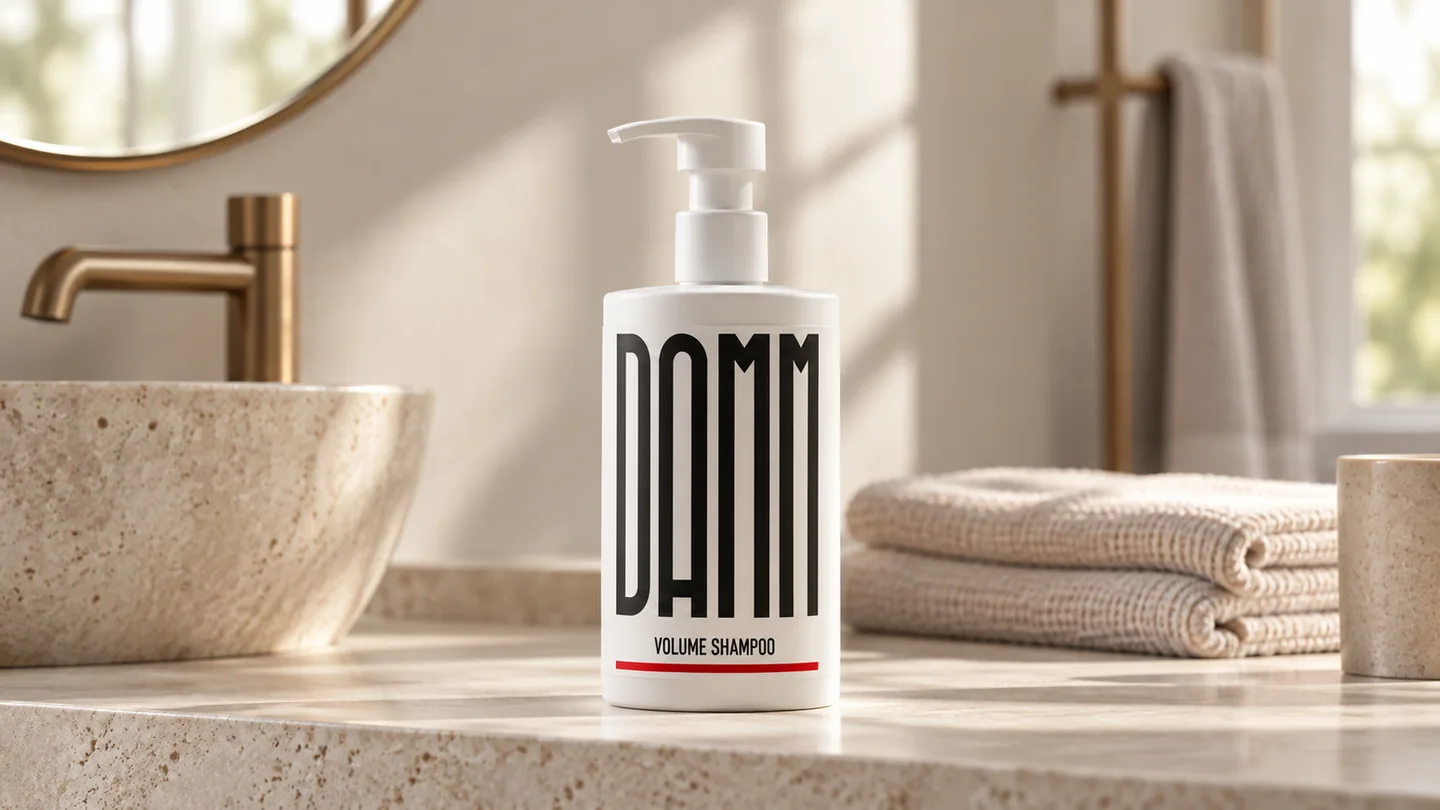 volume-shampoo-hero-1440 Volume Shampoo fra Damm Cosmetics på en lys badeværelseshylde med håndklæder.
