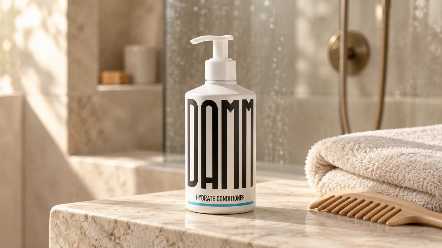 hydrate-conditioner-hero-1440 Hydrate Conditioner fra Damm Cosmetics ved en bruseniche med håndklæde og bredtandet kam.