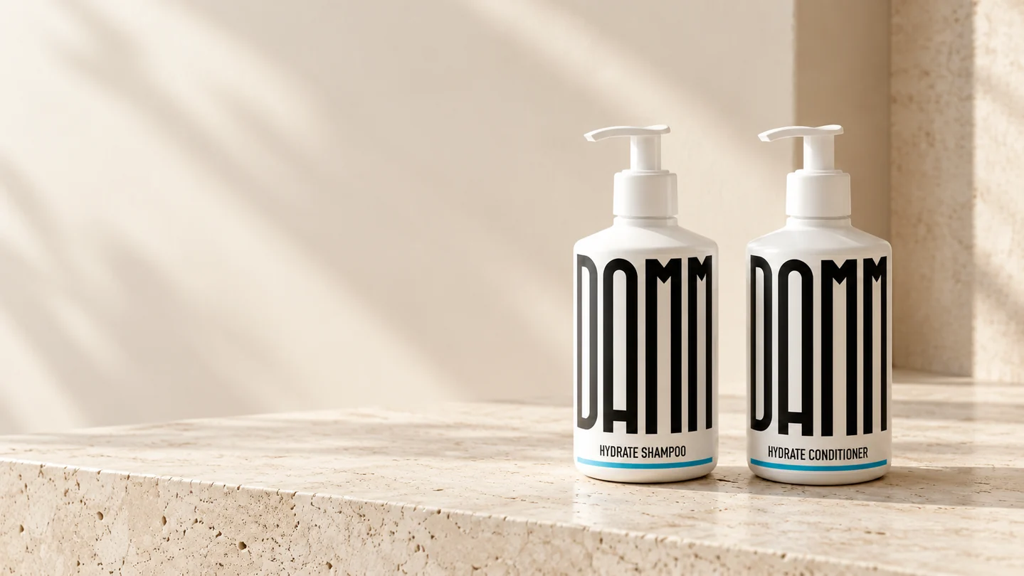 Hydrate Shampoo og Hydrate Conditioner fra Damm Cosmetics på en lys stenflade.