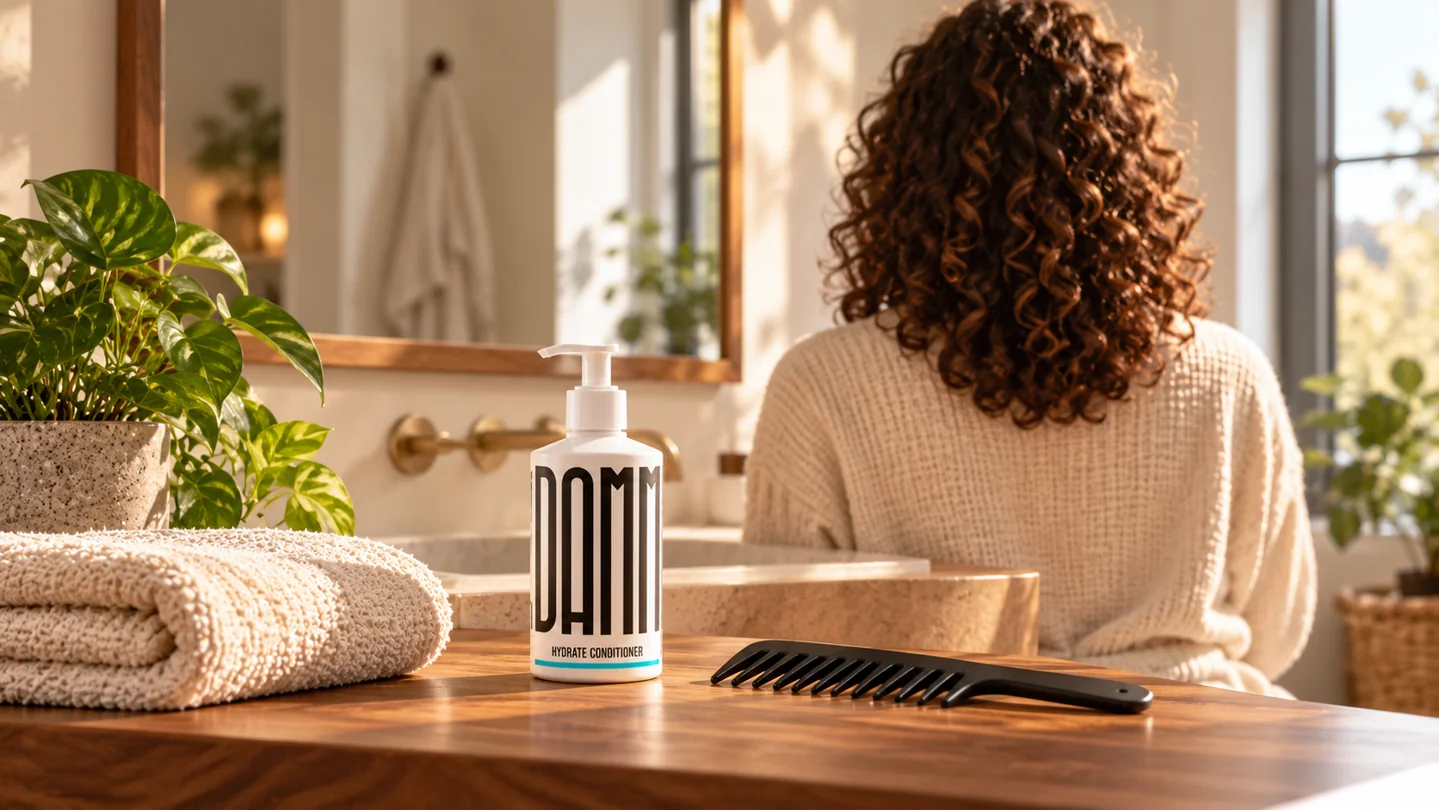 blog-1-hero Hydrate Conditioner ved et håndklæde og en kam, med en krølhåret model set bagfra.